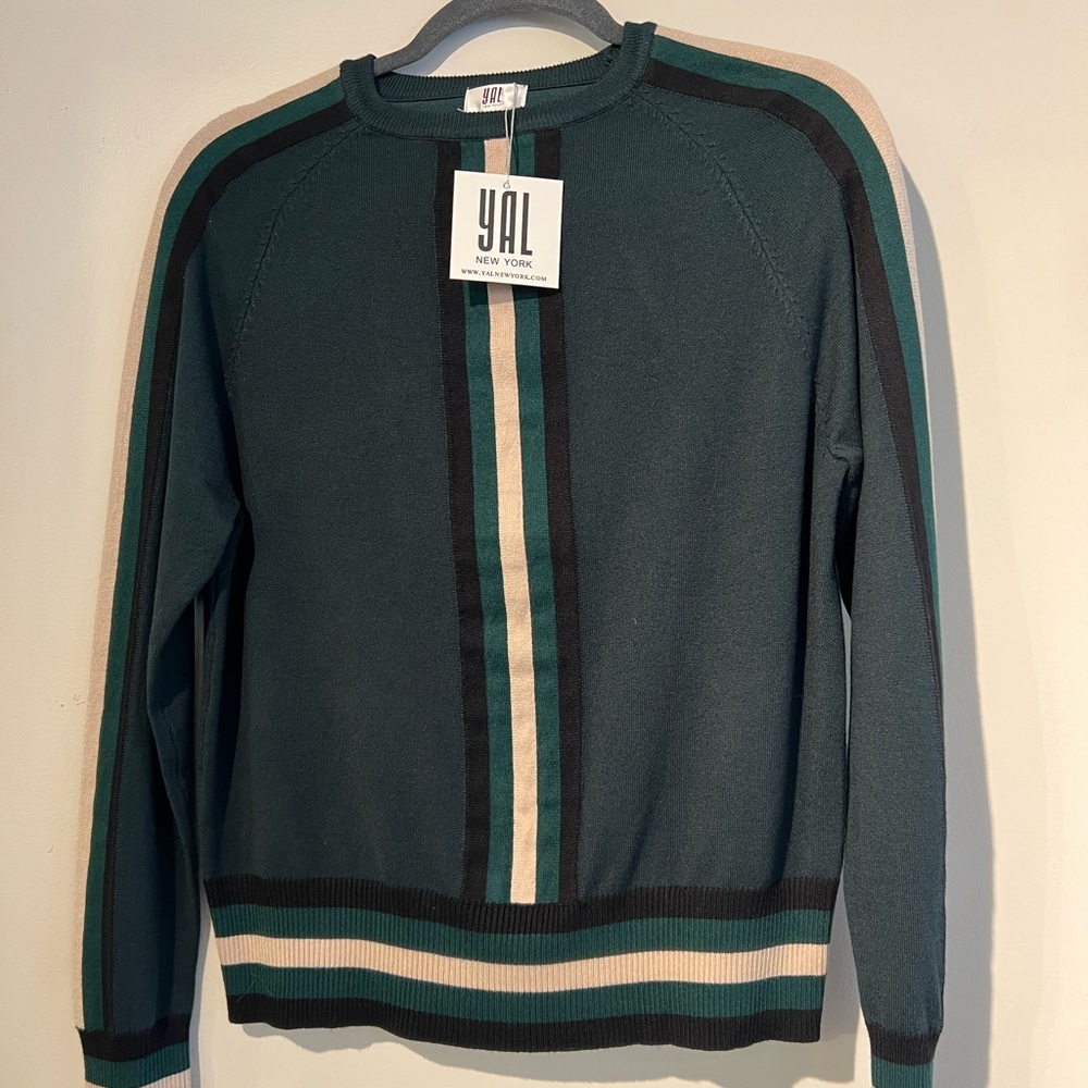 Brand new dark green sweater with cream and black stripe